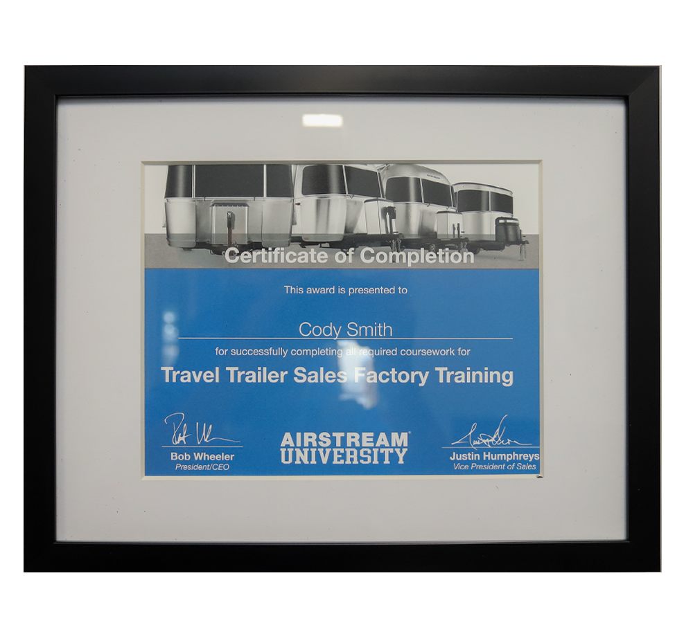 Cody's Travel Trailer Certificate